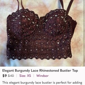 Windsor Burgundy Rhinestone Lace Bustier Top